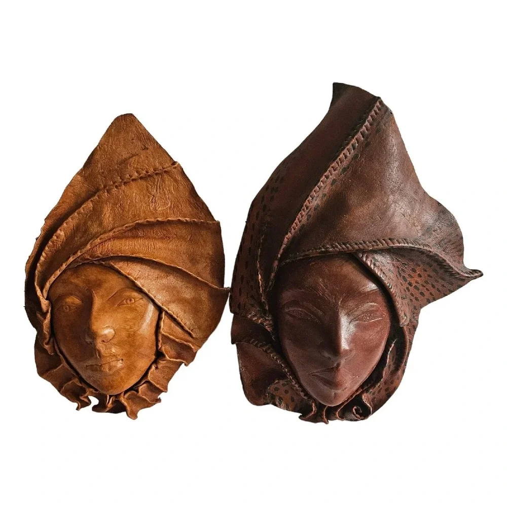 (2) Vintage Sculpture Woman Face Wall Tribal Hanging‎ Mask 3D Leather